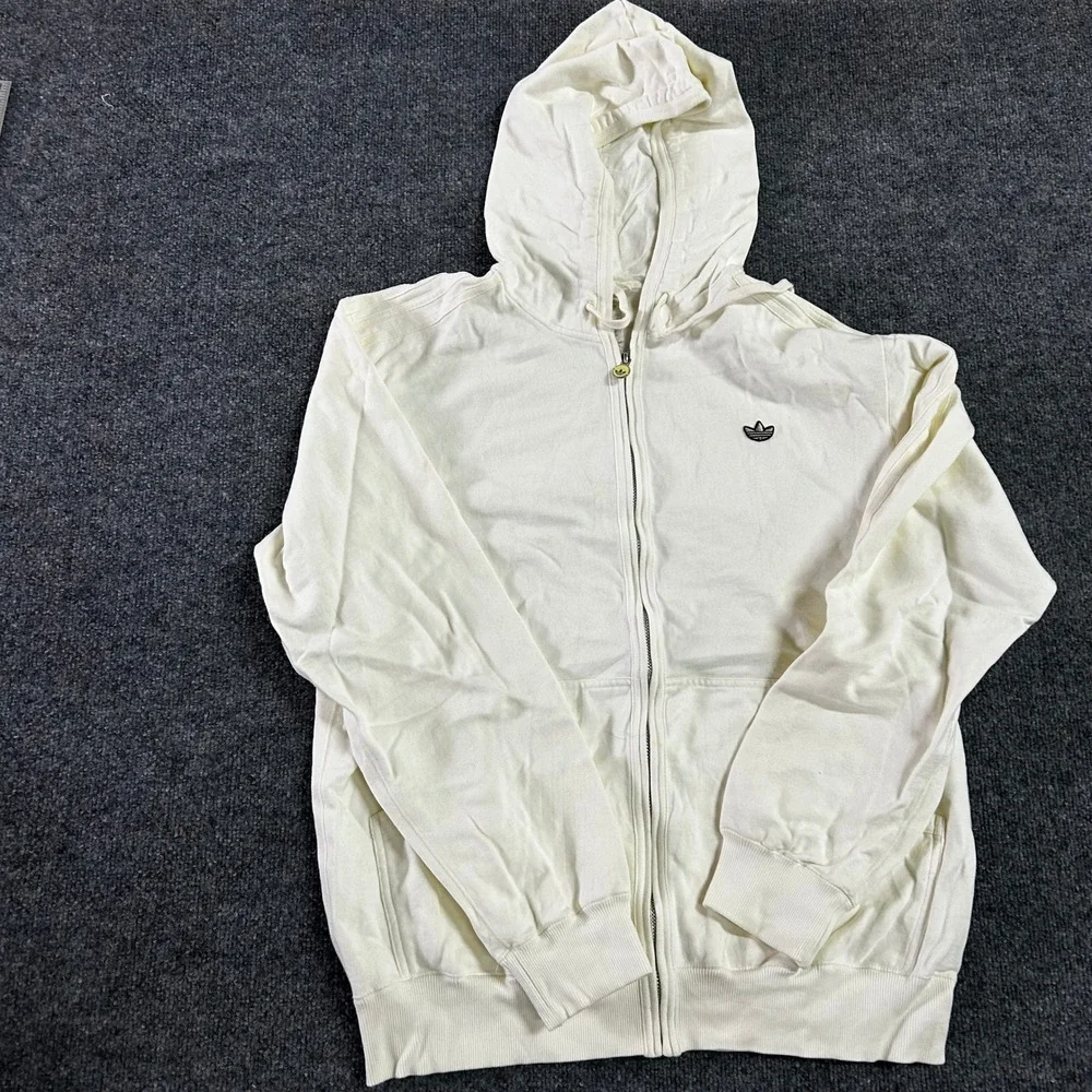 Adidas Hoodie Mens Size XL Cream White Full Zip Trefoil Three Stripe Athletic